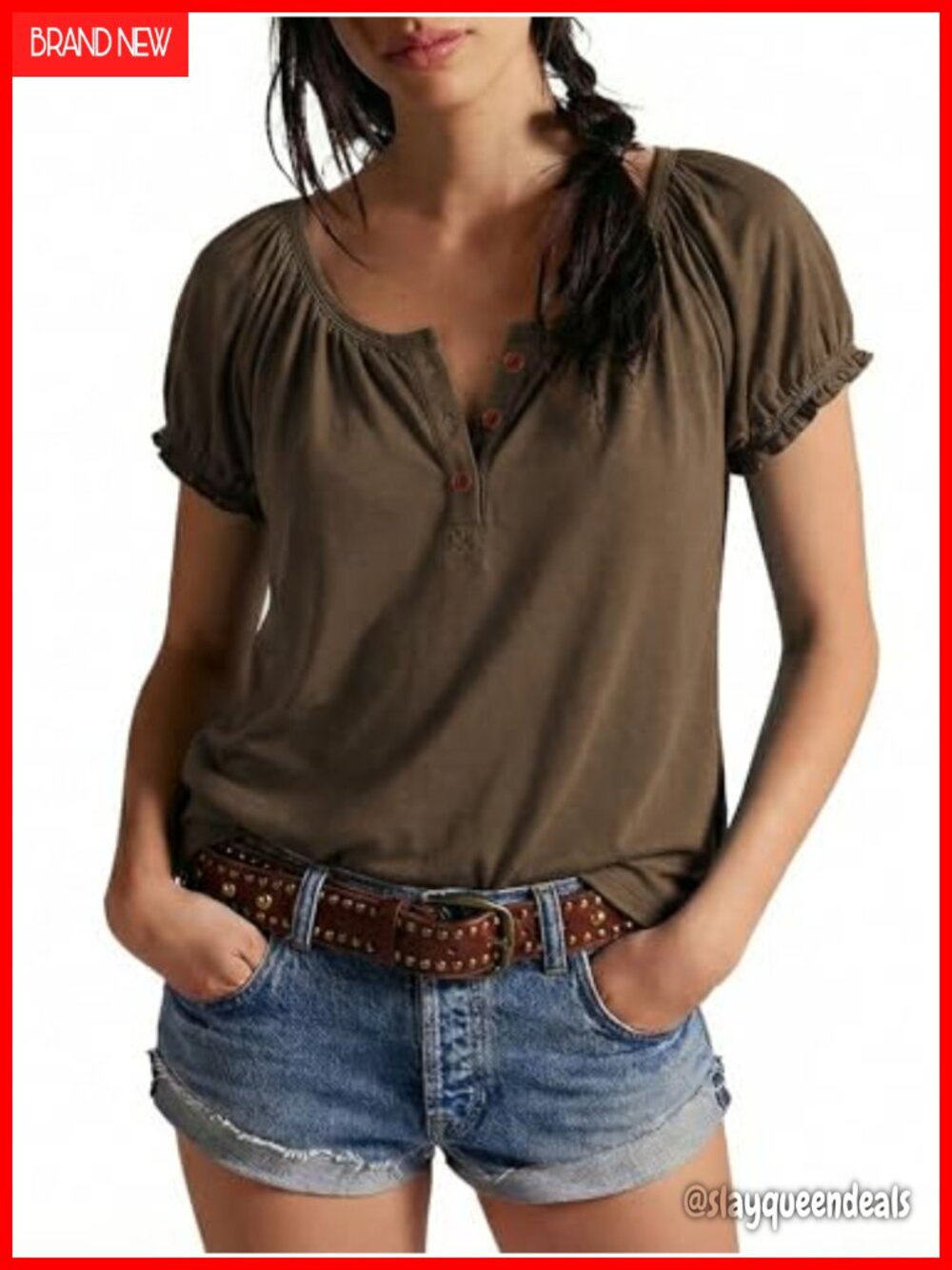 Puff Sleeve Henley Blouse - Loose Fit Short Sleeve Tee with Ruffle Cuff - Picture 1 of 6